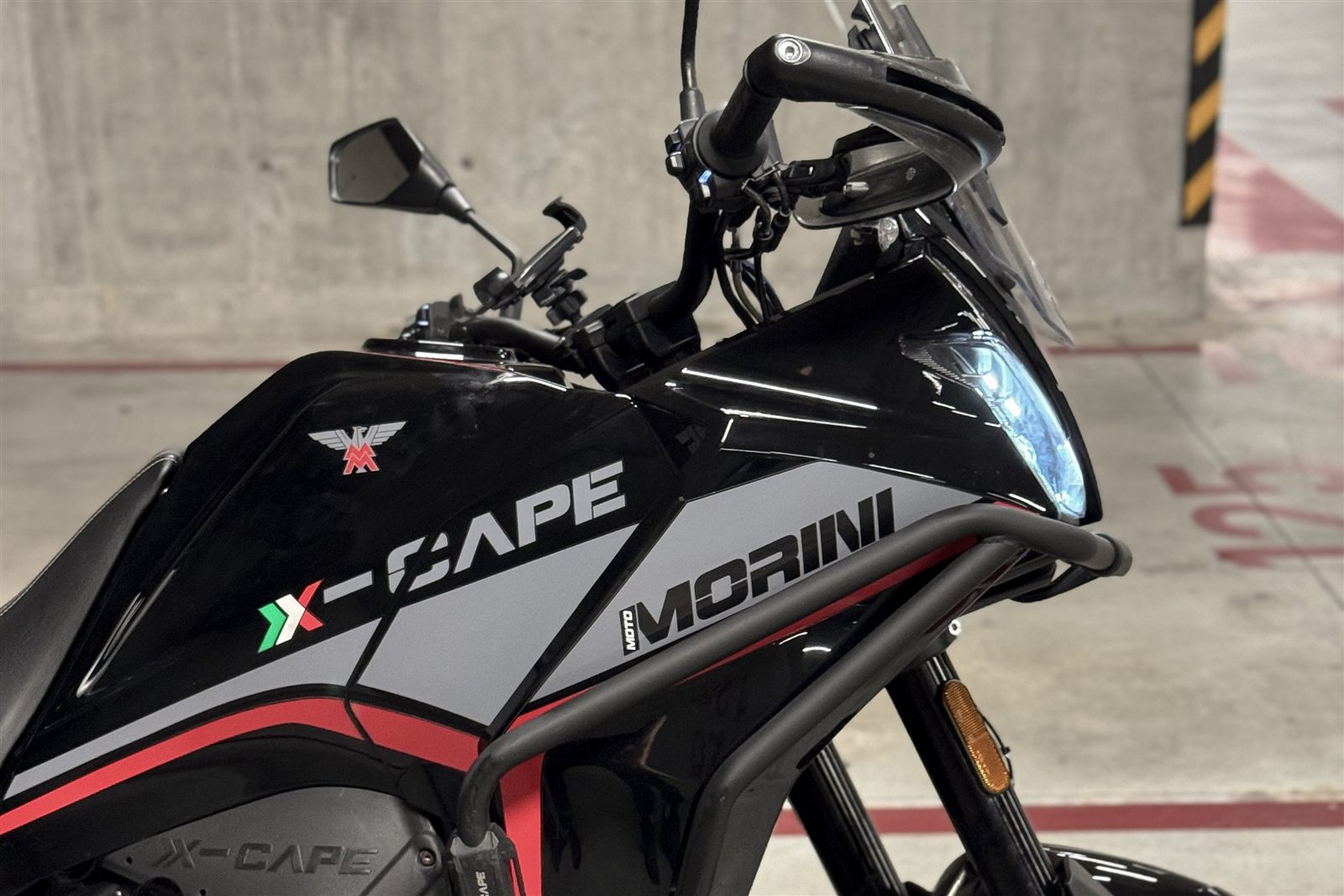 Rear view of Moto Morini X-Cape 650 motorcycle rental