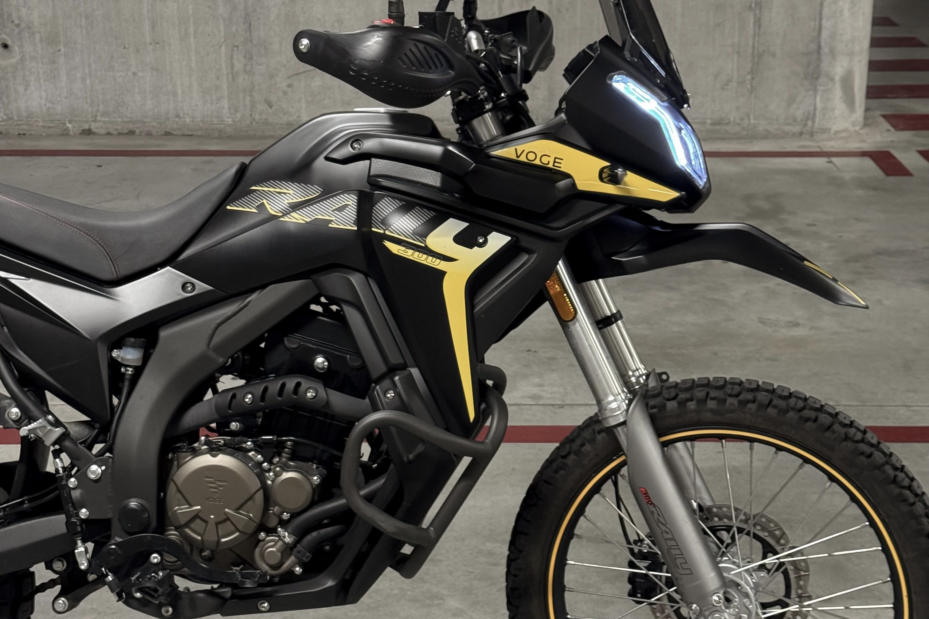Right side view of Voge 300 Rally motorcycle rental